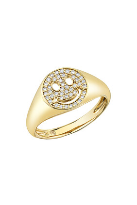Small Happy Face Signet Ring, 14k Yellow Gold & Diamond